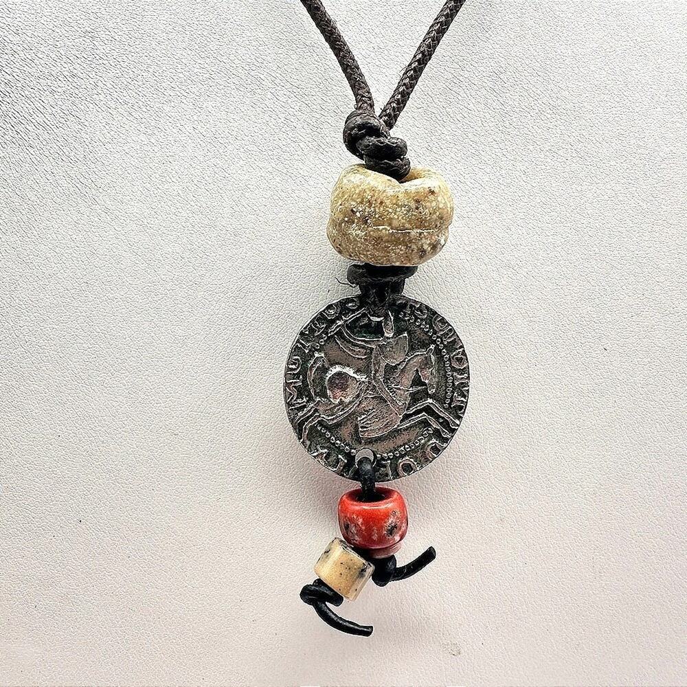 Vintage 90s Ceramic Bead Round Coin Necklace Silver Tone Women's Jewelry Retro